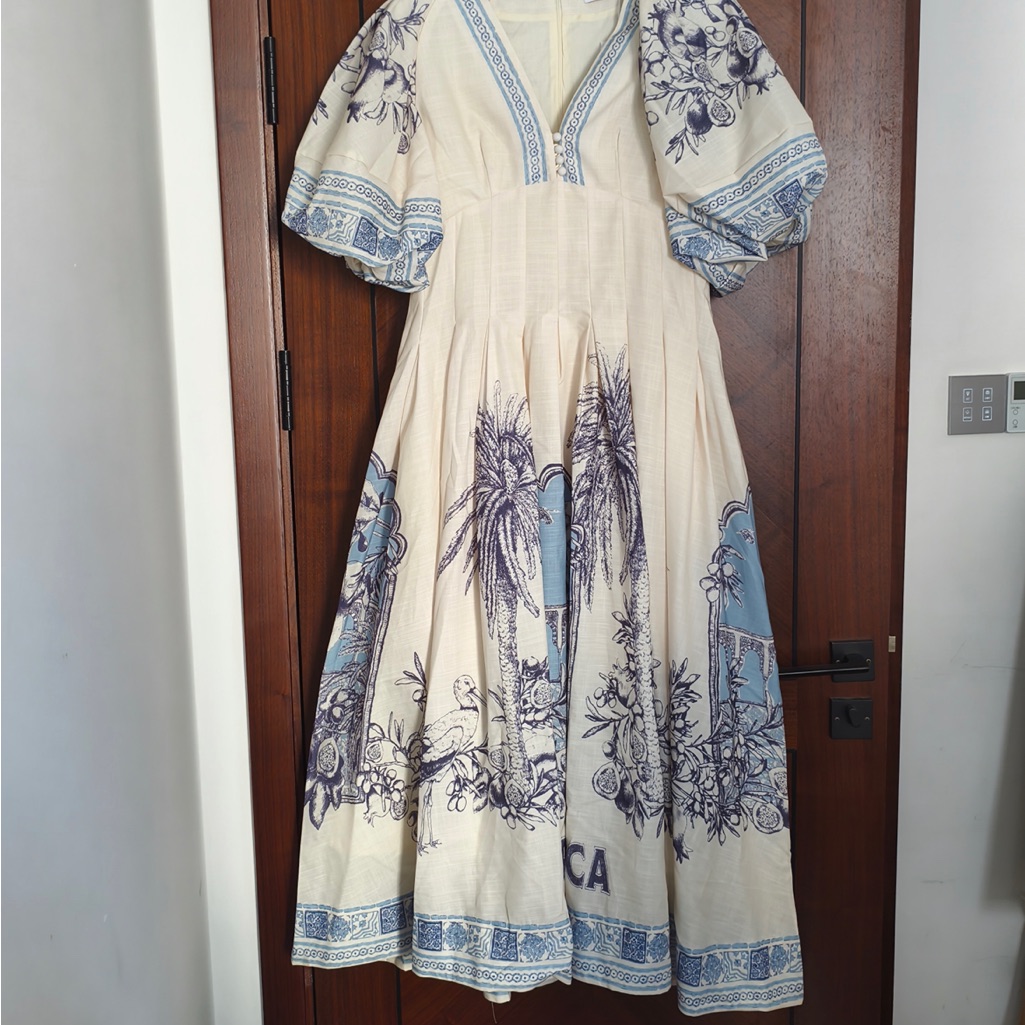 Alemais Cream And Blue Botanical Print Puff-Sleeve Midi Dress